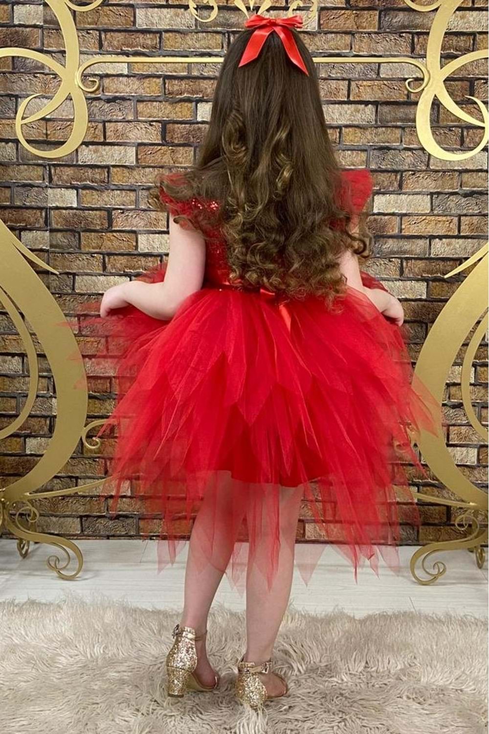 Zikzak Tül Etekli Kırmızı Pul Payet Kız Çocuk Elbise